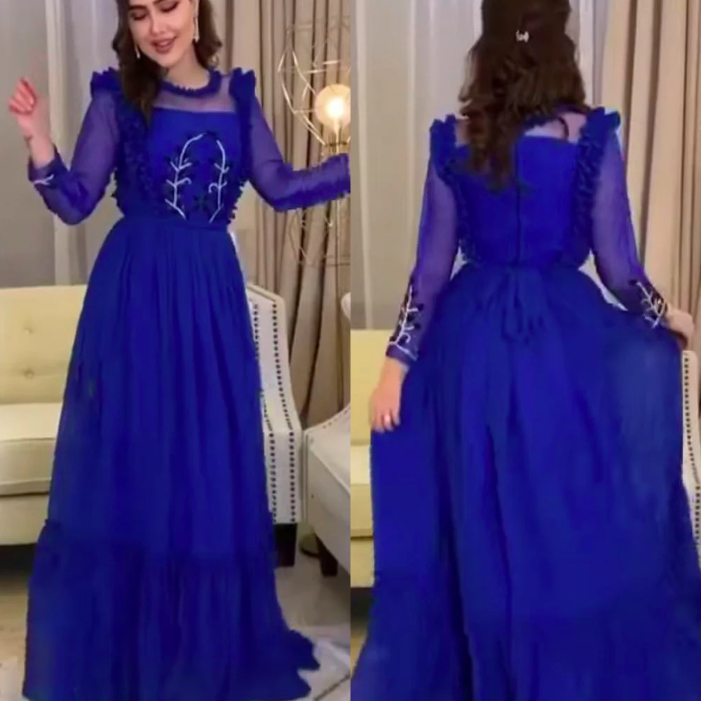 Blu royal prom dresses 2020 crew neckline che borda paillettes una linea a manica lunga abiti da sera abiti da cerimonia