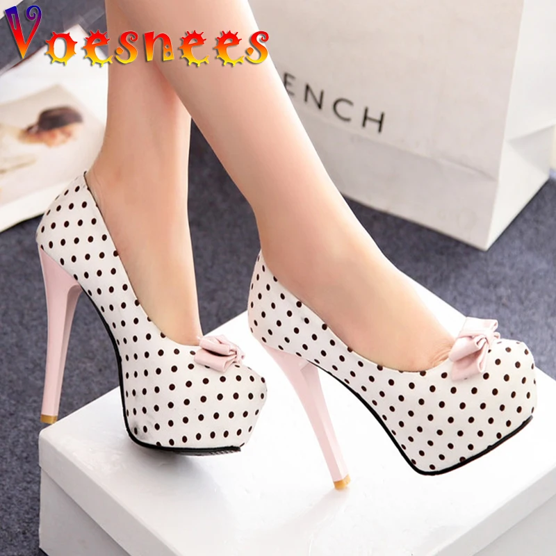 Women\'s Pumps 2021 Spring Autumn New Sweet Polka Dot High-Heeled Round Toe Single Shoes Bow Thin Heels Plus Size Female Shoes