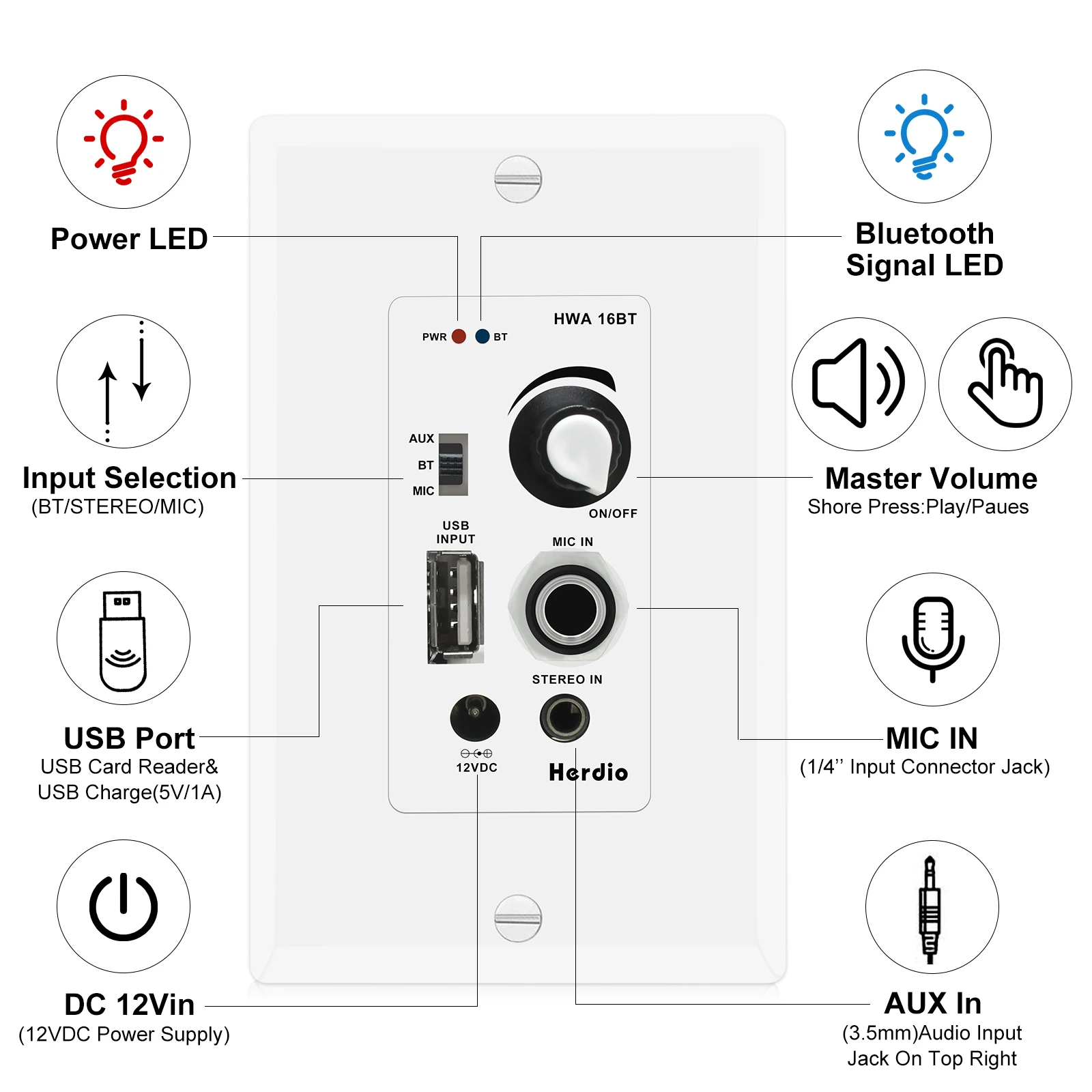 Herdio 5.25 Inches 200 Watts Indoor Outdoor Patio Deck Marine Speakers Bluetooth Wall Audio Amplifier For Home Outdoor Indoor