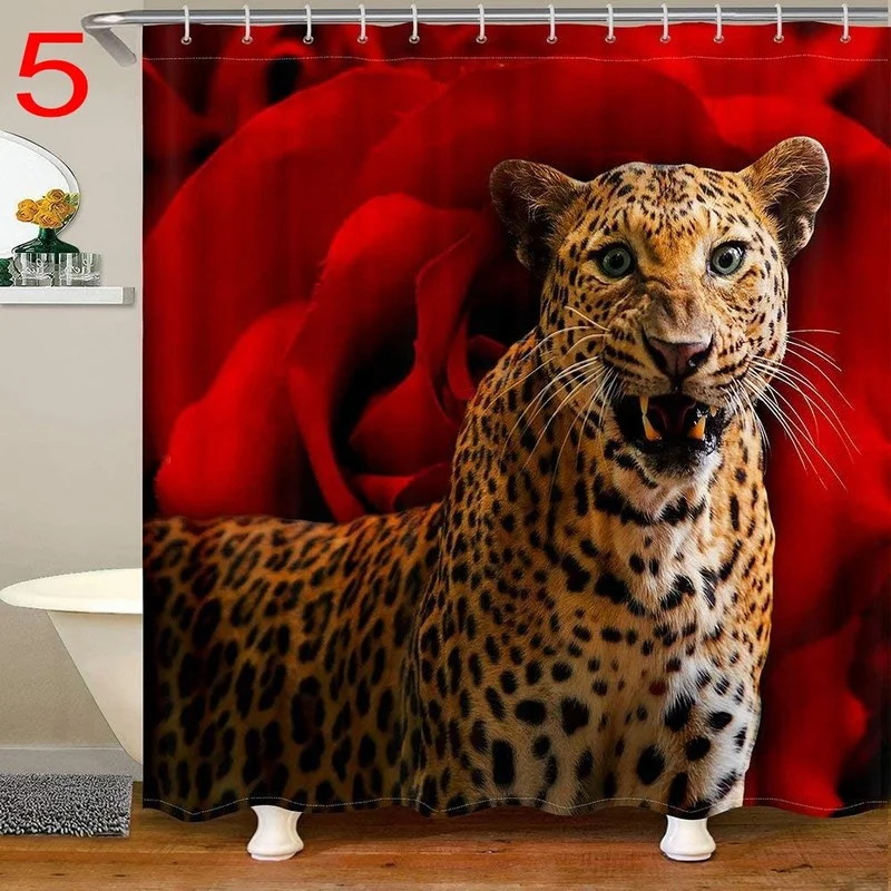 Waterproof Fabric Bathroom Decor Sets with Hooks, Wild Animal Shower Curtain, Lion, Tiger, Leopard, Flower Theme, Washable