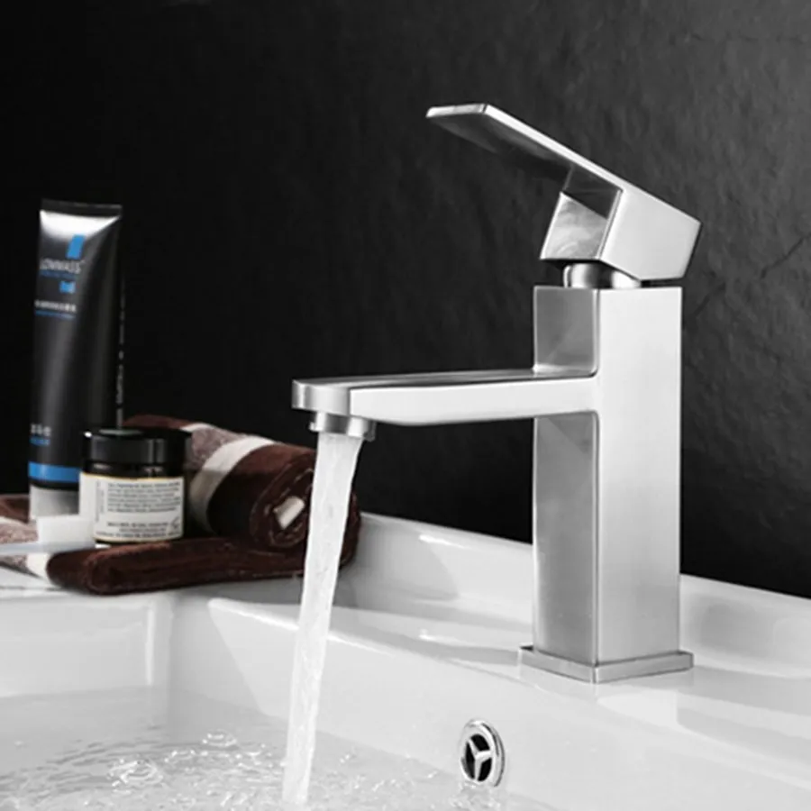 Modern Square Brushed Bathroom Faucets Stainless Steel Basin Faucet Sink Mixer Tap Vanity Cold Hot Water Faucets Single Handle