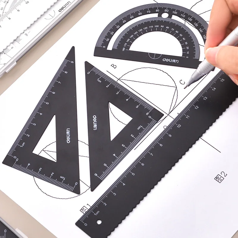 DELI Metall Lineal 20cm Set Briefpapier für Studenten Lineal Dreieck Lineal mit Welle Linie Winkelmesser, Kompass Dreieck Platte