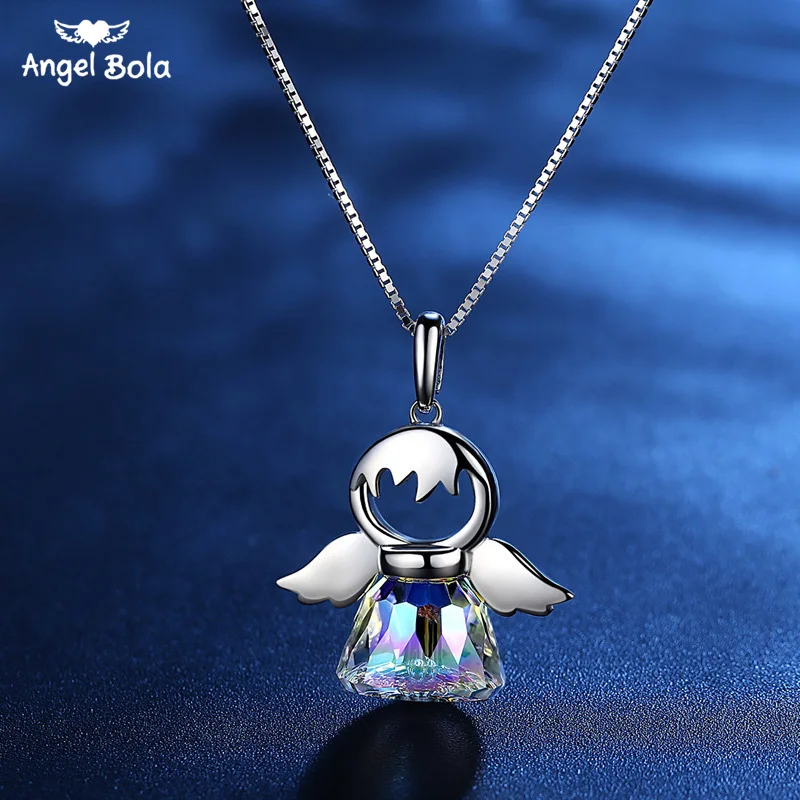 Lucky Fairy Angel Wing Pendants Natural S925 Sterling Silver Austrian Crystal Charm Necklaces For Women Fine Jewelry Gift