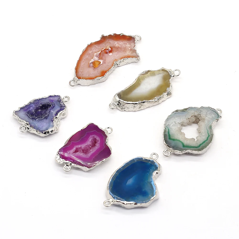 Natural Stone Pendant Irregular Shape Slice Agate Two-Hole Charms For Jewelry DIY Necklace Bracelet Connector Accessories Making