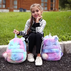 Mochilas escolares de pelúcia para meninas, Cute Cartoon Unicorn Backpack para Kindergarten Children, Toddler Backpacks