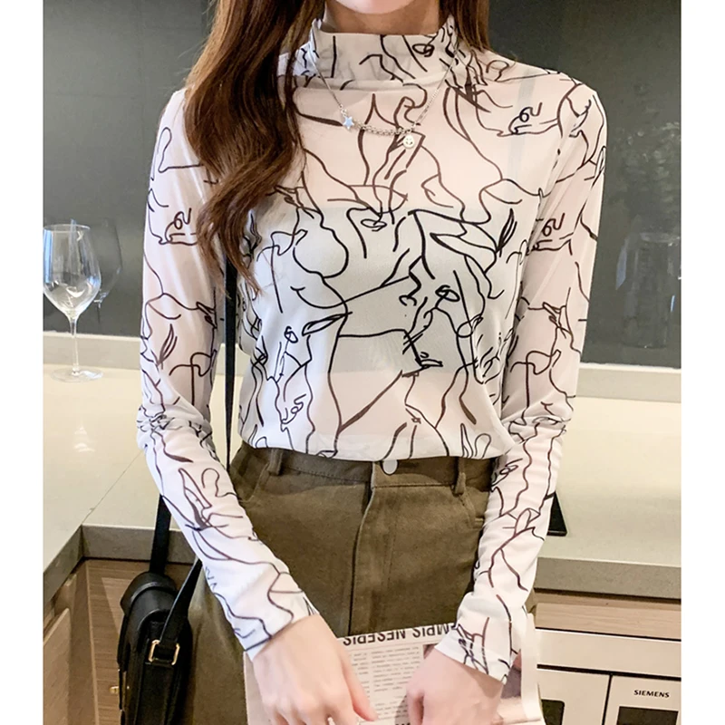 

New Spring Autumn Creativity Print Stand Collar Top Women 2022 Long Sleeve Tops y2k Femme Fashion Slim Basic Female Clothing