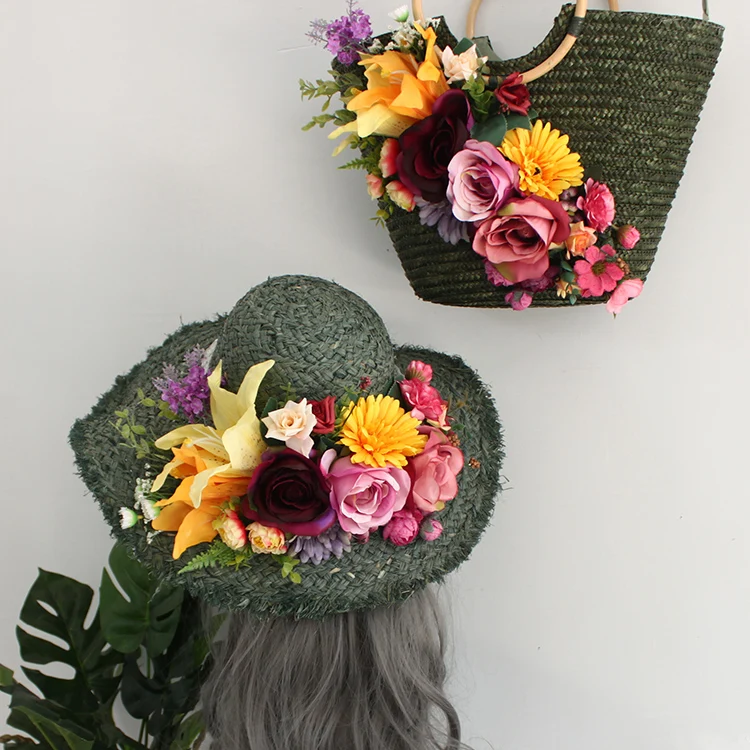 Women Fashion Flower Straw Beach Bag High-end Customized Colorful Artificial Flower Wave Rattan Summer Holiday Tote Lady Suit