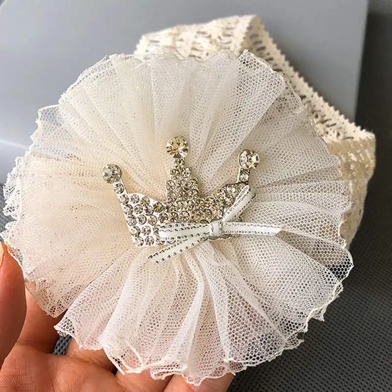 Balleenshiny Infant Child Hair Band Three-dimensional Alloy Rhinestone Crown Headdress Baby Girl Mesh Elastic Headband Turban