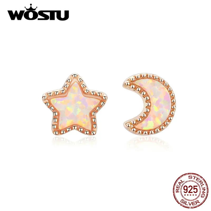 

WOSTU 100% 925 Sterling Silver Star Moon Stud Earrings For Women Rose Gold Opal Small Earrings Wedding Silver 925 Jewelry CQE691