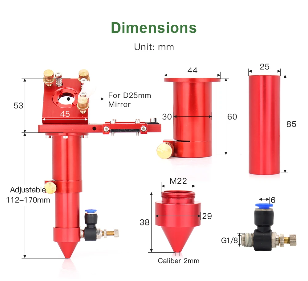 FireRay E Series CO2 Laser Head Set + 1Pcs Focus Lens + 3Pcs Si / Mo Mirrors for Co2 Laser Engraver Cutting Machine Parts