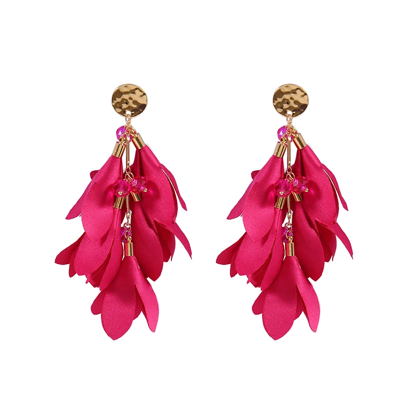 New Fashion Handmade Rose Red Flower Tassel Long Drop Earrings For Women Wedding Bridal Jewelry Accessories