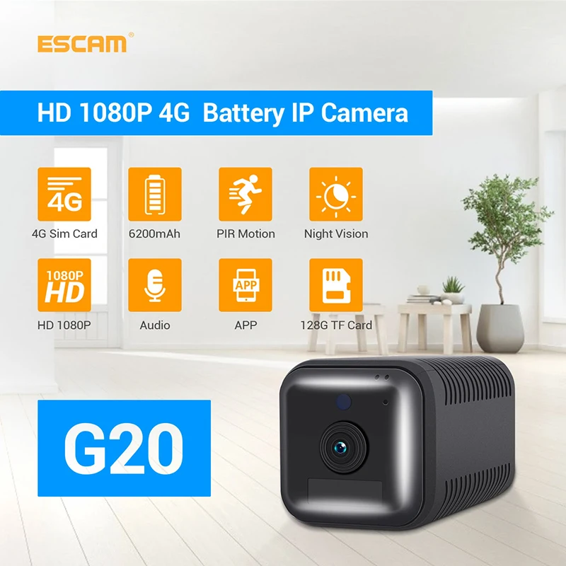 

ESCAM G20 4G SIM 1080P HD With 6200mAh Rechargeable Battery PIR Alarm Camera Two Way Audio Night Vison Security Camera