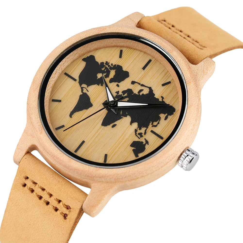 Simple Art Ink Maple World Map Pattern Dial Watch Women\'s Wood Watch Leather Band Casual Quartz Wooden Wristwatches Ladies Clock