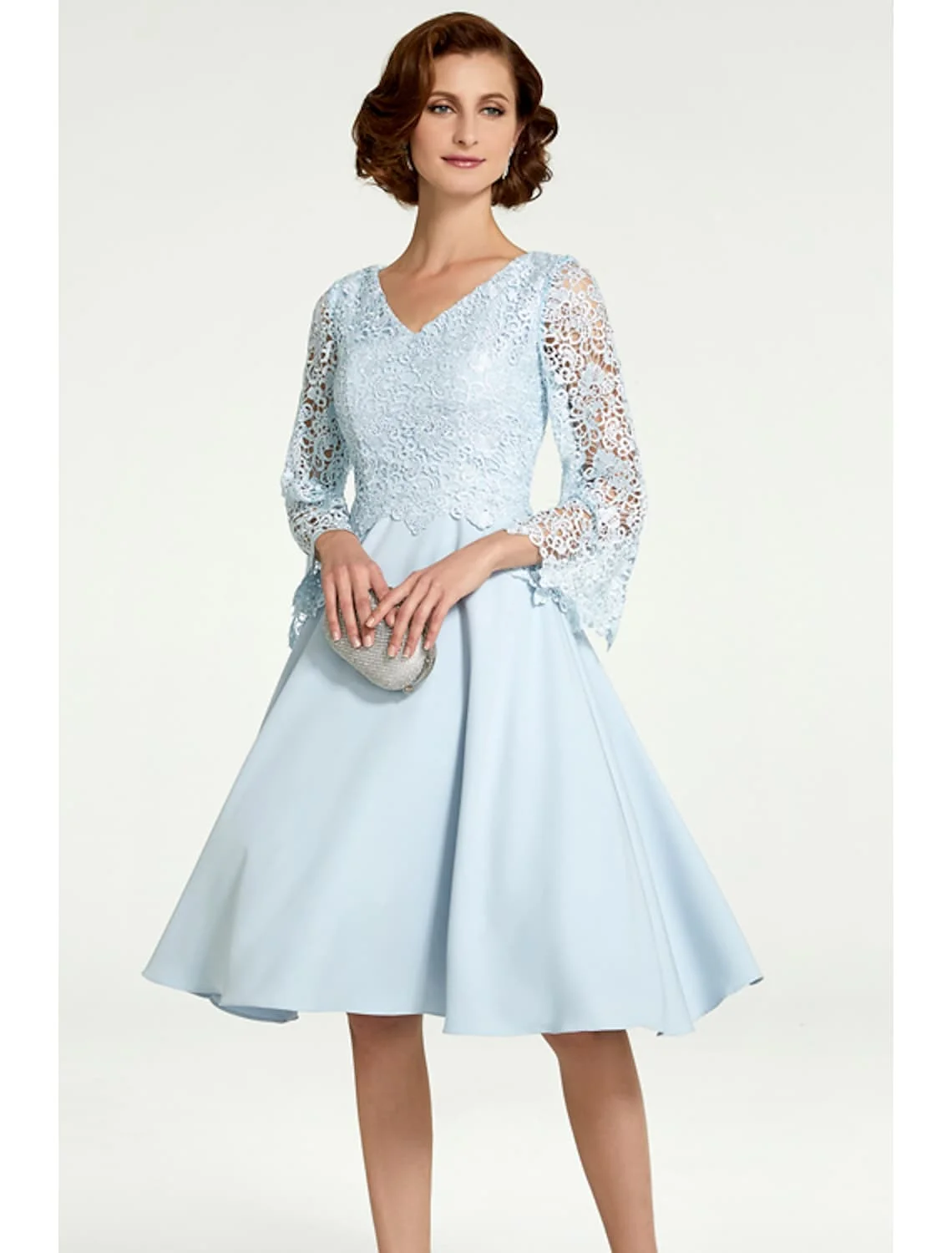 2022 elegante abito per la madre della sposa blu cielo vedere attraverso scollo a V lunghezza al ginocchio abito da ballo in pizzo Chiffon Robe De Soriee