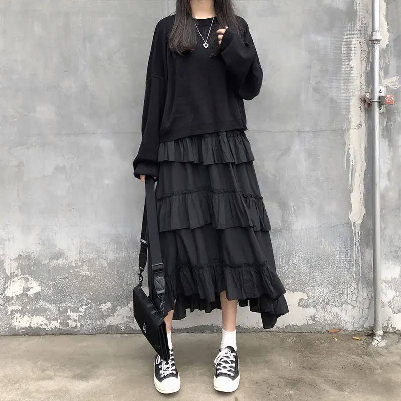 Qiukichonson Midi długie spódnice damskie długa spódnica Goth Lolita lato wysokiej zwężone asymetryczne wysokie niskie Ruched spódnice z falbanami rok — zdjęcie 4