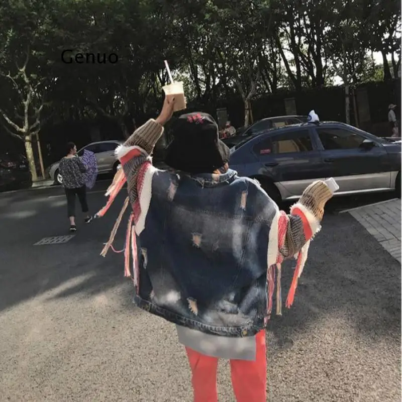 Stitching Denim Jacket 2021 New Women Korean Style Loose Style Knitted Sleeve Tassel Coat Autumn Winter Top Femme Abrigo Mujer