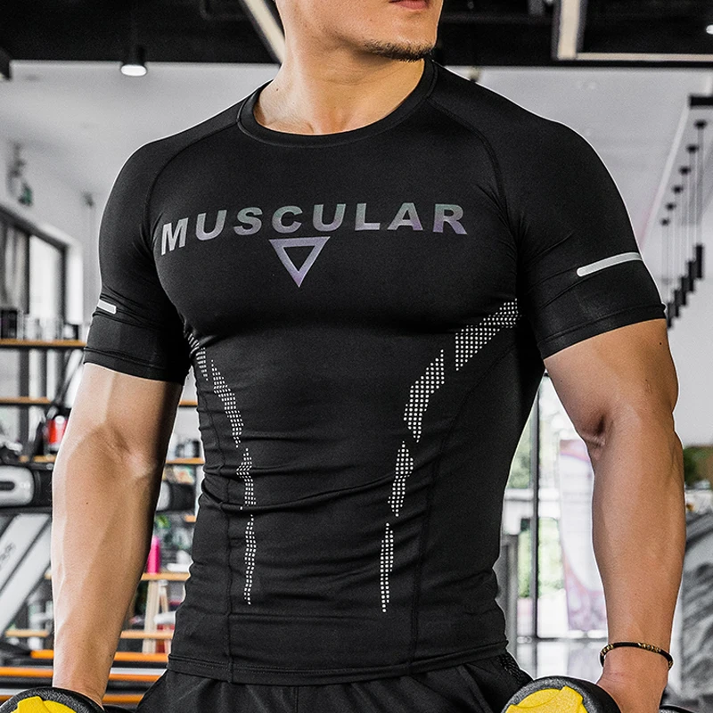 Camisas esportivas respirável superior elástico apertado fitness verão secagem rápida mangas curtas muscular fitness ginásio treinamento correndo t