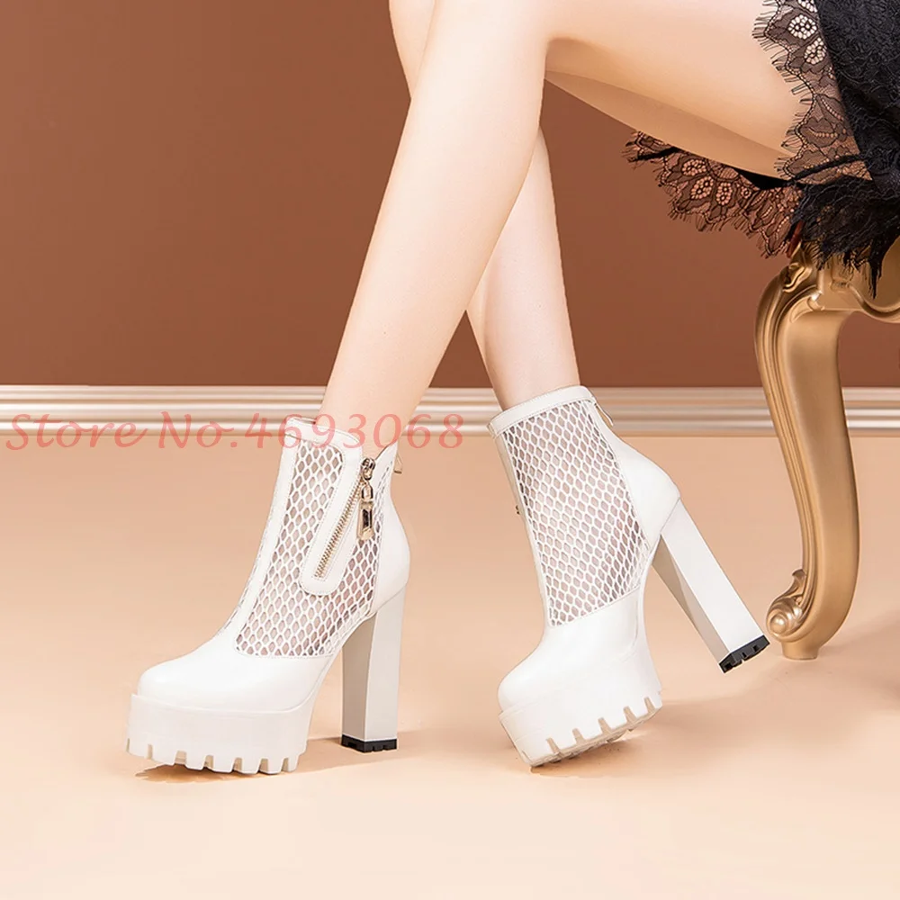 

Mesh Platform High Block Heels Ankle Boots Side Back Zipper Round Toe Height Increasing Ankle Shoes British Style All Match