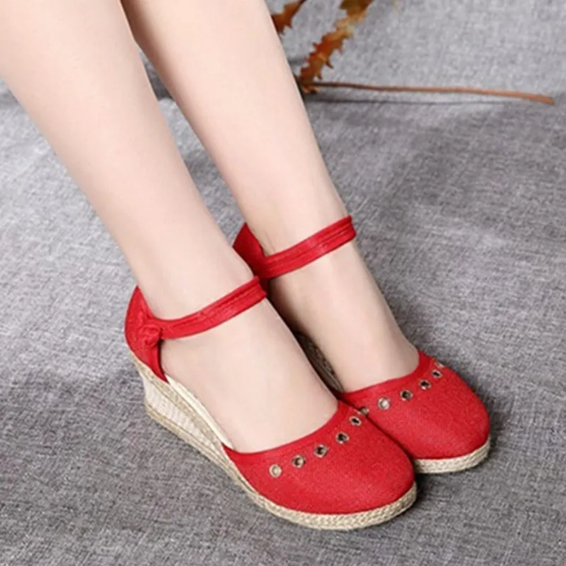 Veowalk Bohemian Summer Women Linen 6cm Wedge Espadrilles Sandals Handmade Ankle Strap Close Toe Ladies Casual Platform Shoes