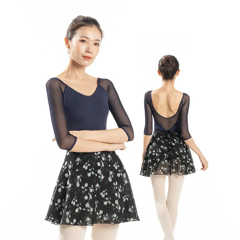 Ballet Skirt Women Ballerina One Piece Chiffon Yoga Ballet Flower Practice Leotard Skirt Girls Floral Print Ballet Dancing Dress