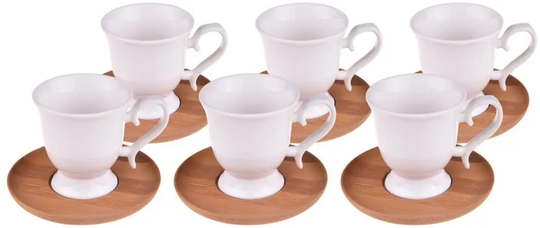 Delar Porcelain Espresso Turkish Coffee Cups with Bamboo Saucers - 2.7 Ounce for the Specialty Coffee Drinks - Set of 6, white