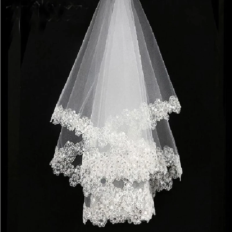 Voile de Mariage en Tulle Blanc avec Bord en Dentelle, Accessoire de Patients à Un Niveau, Perlé, 120cm, Dernière Collection