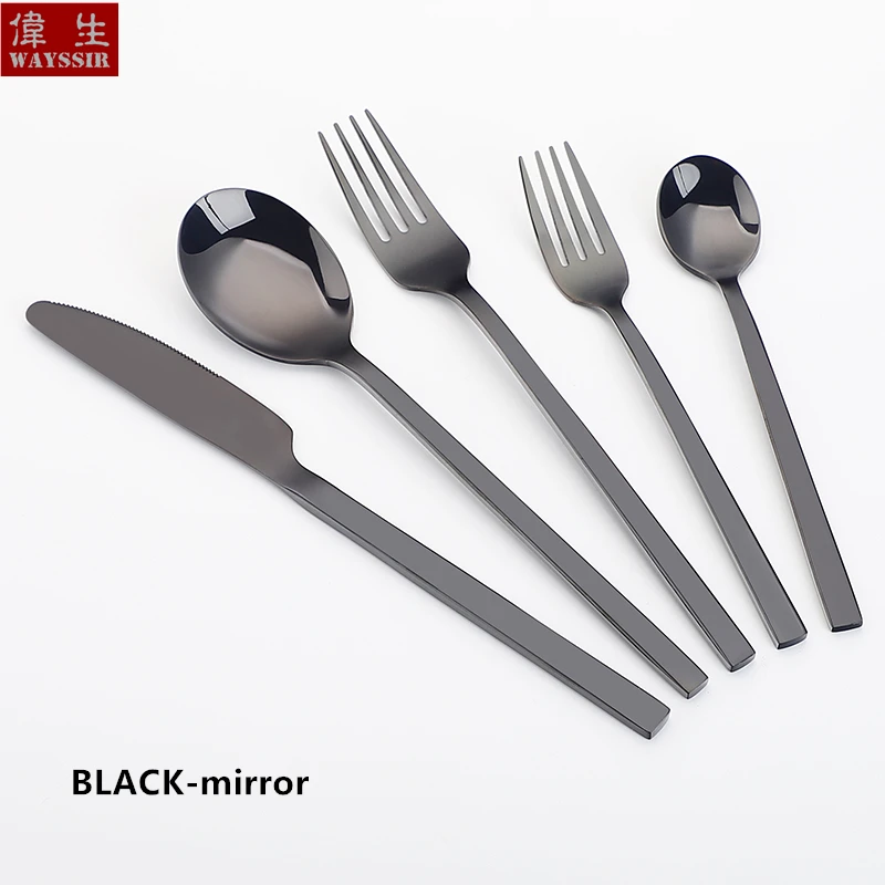 5pcs Stainless Steel Dinner Tableware Knife and Fork Set Mirror Black Cutlery Spoon Dessert Fork Portable Charger Plates Set