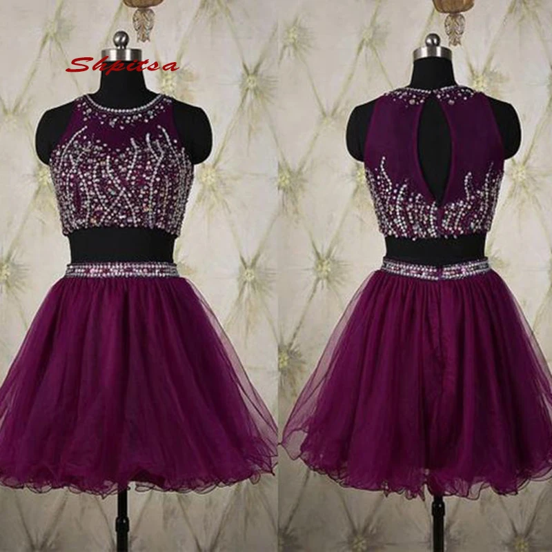 Luxury Purple Short Homecoming Dresses Tulle Two 2 Piece Graduation 8th Grade Prom Dresses Junior Cocktail Formal Dresses