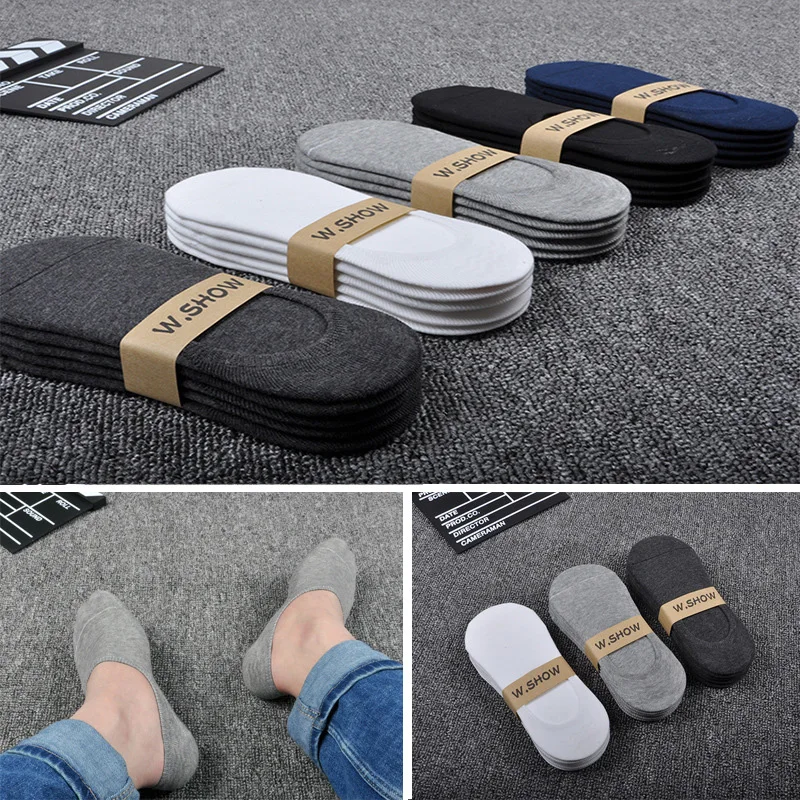 Qisin 5Pairs Summer Thin Invisible Cotton Socks Silicone Non-Slip Sock For Men Breathable Pure Color Socks Fashion Boat Socks