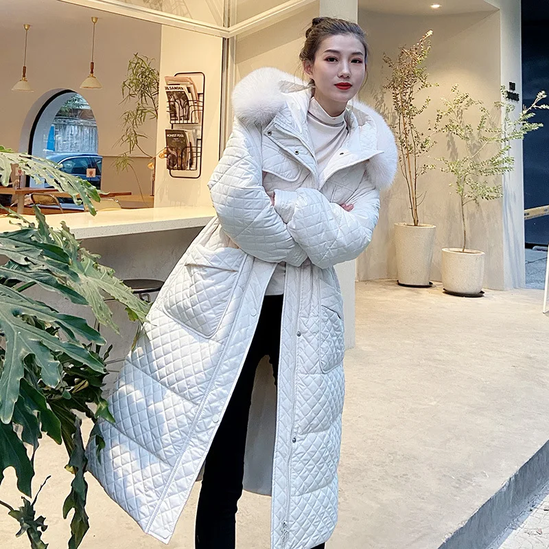 

Elegant New Winter Rhombus Long Down Jacket Women Korean Style Over-the-knee Warm Hooded Fur Collar Temperament Jacket 2021 H227