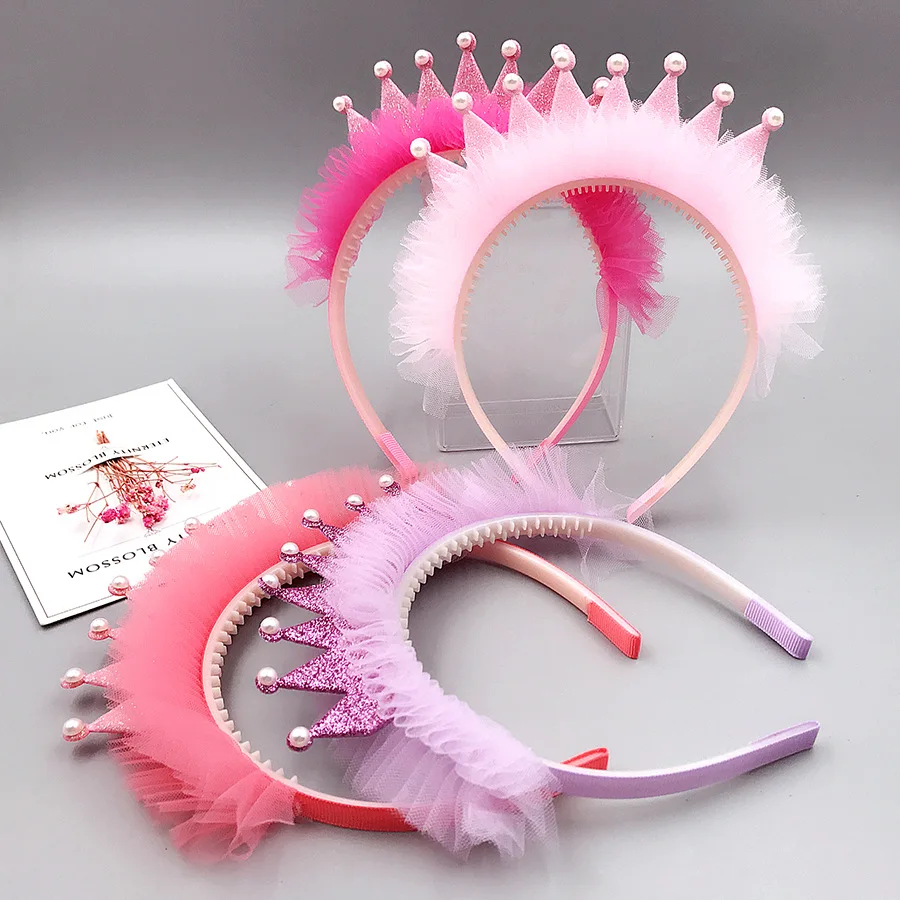 Princess Lace Crown Hair Bands For Baby Girls Sweet Pearls 3D Headband Birthday Party Hair Hoops Hairbands Kids Hair Accessories