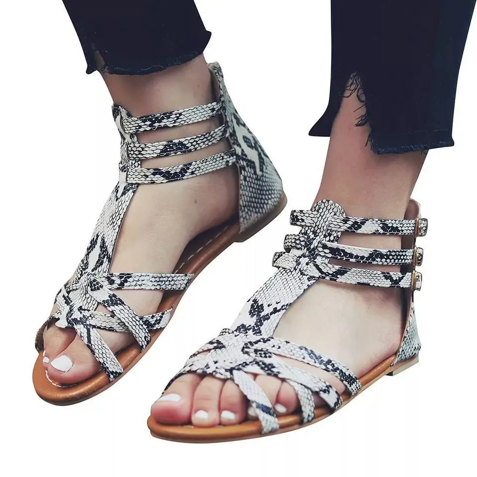 Women Casual Sandals Snake-print Leopard-print Designer Shoes Female Bohemia Colorful Summer Gladiator Flat Ankle Strap Sandals