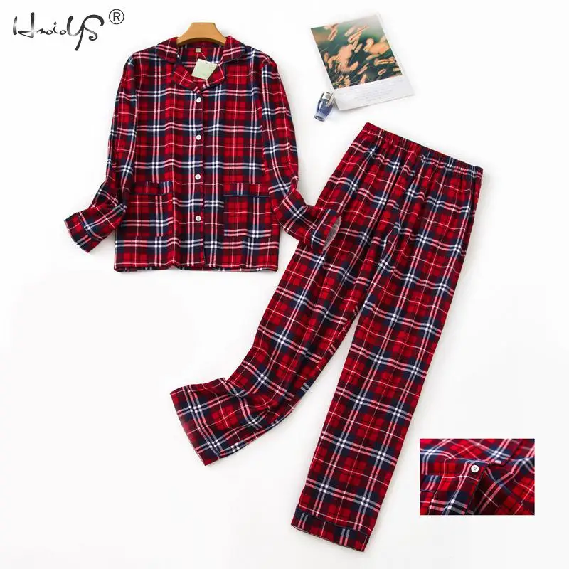 Autumn Winter Warm Pajamas Sets Ladies Flannel Cotton Home Wear Plaid Print Pajamas For Women Plaid Print Sleepwear Plus Size