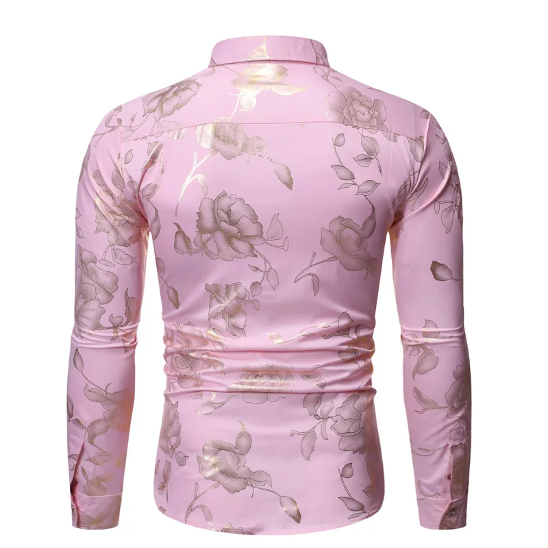 Gold Rose Print Pink Shirt Men 2019 Stylish Slim Fit Long Sleeve Mens Dress Shirts Party Wedding Club Social Shirt Chemise Homme