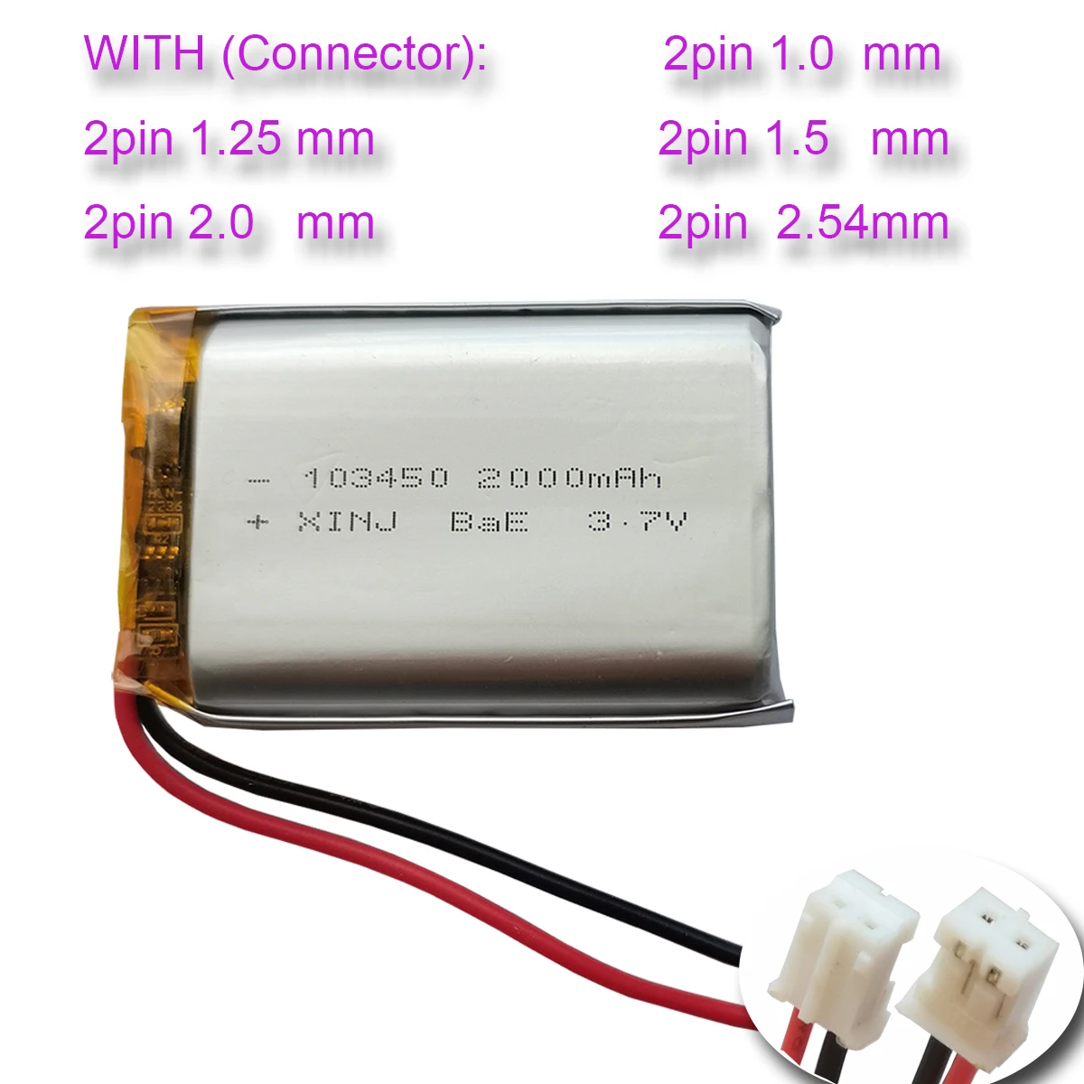 3.7V 2000 mAh 7.4Wh Rechargeable Li-Po Polymer Li Lithium Battery 103450 JST-XH 2pin 1.0mm 1.25mm For Game Player GPS Camera