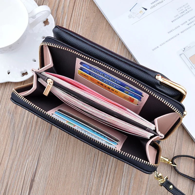 10Pcs Women Vertical Style Double Layer Zipper Leather Wallet  Hand Mobile Phone Case Should Bag