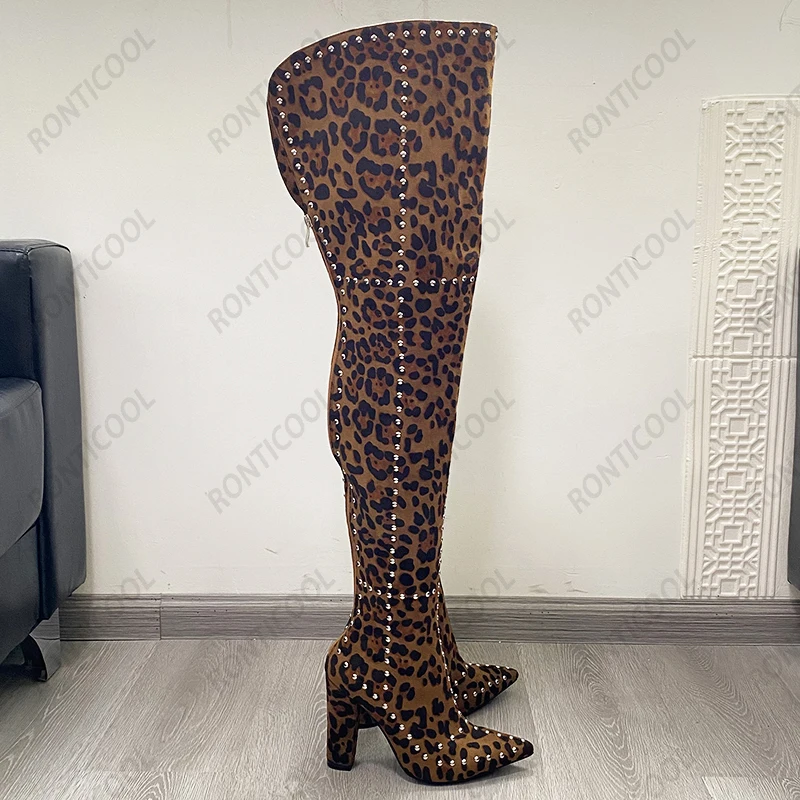 Ronticool 2021 Women Winter Thigh Boots Sexy Studs Stiletto Heels Pointed Toe Pretty Leopard Cosplay Shoes Ladies Us Size 5-15