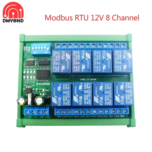 Placa de relé Modbus RTU UART, interruptor de Control remoto, caja de riel DIN35, módulo de expansión de Control de automatización PLC, cc 12V, 8 canales, RS485