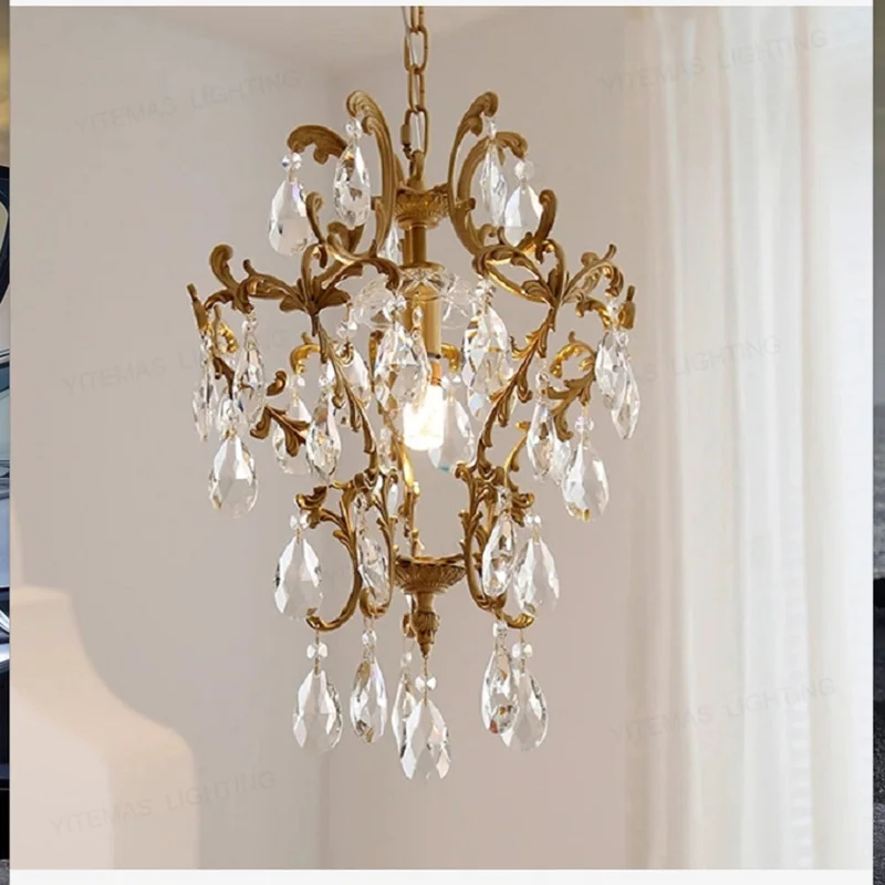French retro copper crystal lamp, bedroom dining room, ancient lamps, American light luxury cloakroom porch chandelier