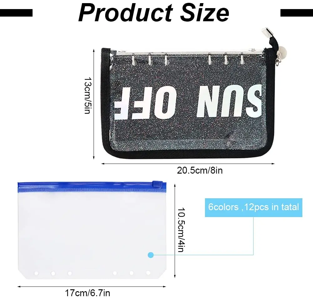 13 Pieces A6 Binder PVC Notebook Cover  Budget Envelopes System Planner Organizer with12 Pcs Colorful Binder Zipper Pockets