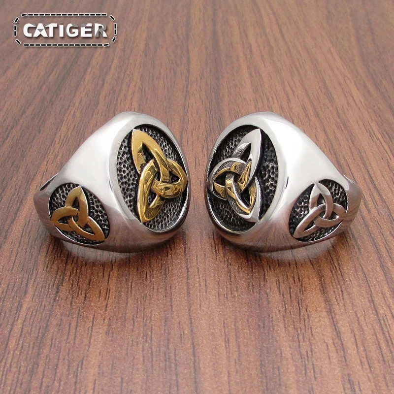 Viking Stainless Steel Celtics Knot Ring Golden Plated Nordic Trinity Wedding Rings Men\'s Band Promise Jewelry