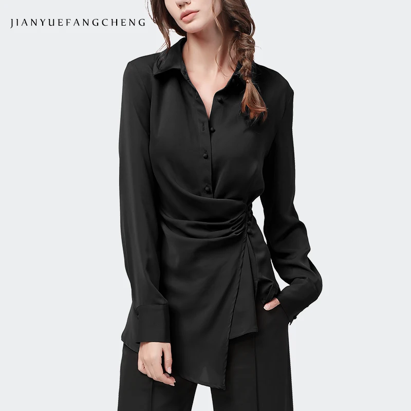 Women Long Sleeve Solid Color Turn-down Collar Asymmetrial Design Button Shirt Slim Fit Tunic Tops 2022 Autumn Ladies Clothing