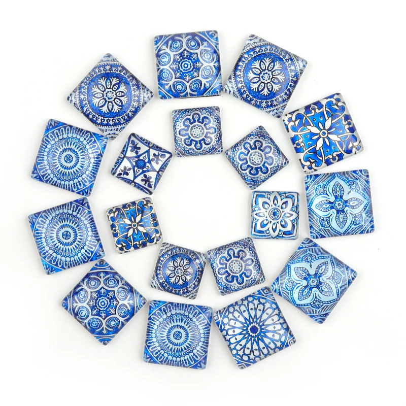 Vintage Blue Flower Cabochon 15/20/25/30mm DIY Jewelry Making Square Glass Cabochon For DIY Necklace Bracelet Ring Wholesale