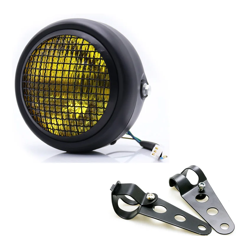 Motorcycle Retro Black Grid Lampshade Headlight Universal Moto Headlamp Support Scooter DC 12V Front Lamp Round Head Light