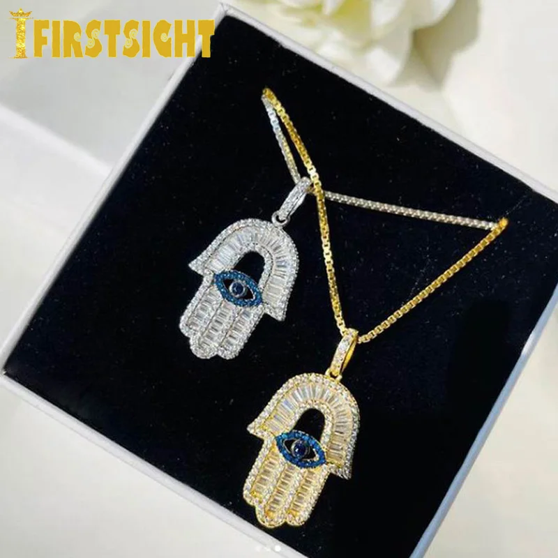 New Eye Of The Angel Of Fatima Hand Pendant Necklace Sliver Color Full Iced Out Cubic Zirconia  CZ Stone Choker Women Jewelry