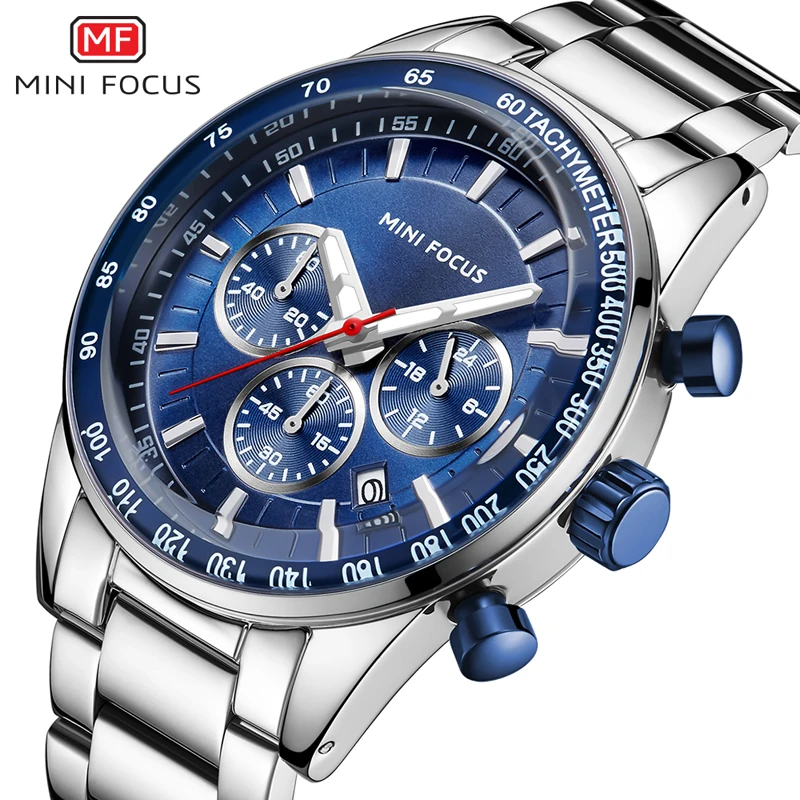 MINI FOCUS Stainless Steel Business Watches Men Luxury Chronograph Quartz Watch Top Brand Sport Wristwatch Relogios 0187 Blue