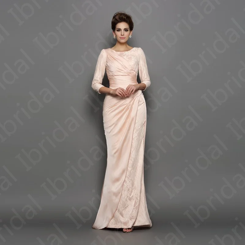 Robe élégante en dentelle rose blush pour la mère de la mariée, bijou de la présidence, longueur au sol, fête de mariage, manches trois quarts, 2023