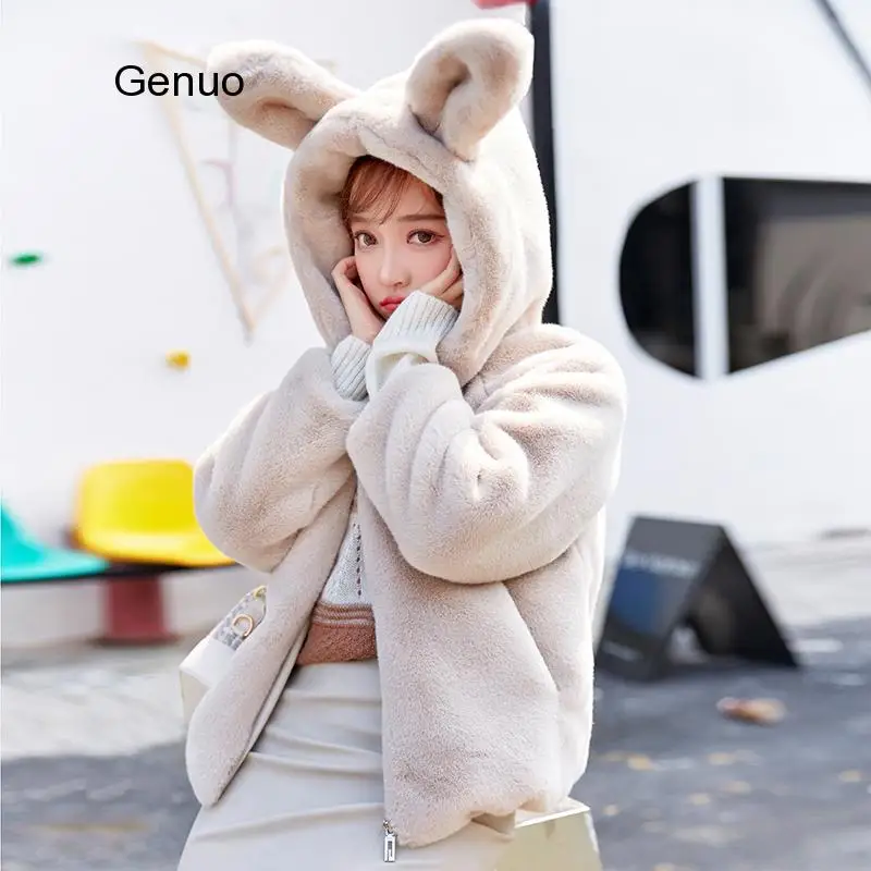 Cute Hooded Rabbit Ears Plush Plush Thick Rex Rabbit Fur Coat 2020 Autumn Winter New Womens Sweet Style Flurry Overcoat