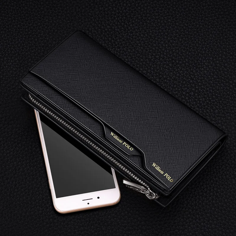 WILLIAMPOLO Long Wallet Men Clutch Bag With Strap Leather Men\'s Phone Credit Card Luxury Removable Card Holder Walet PL191469