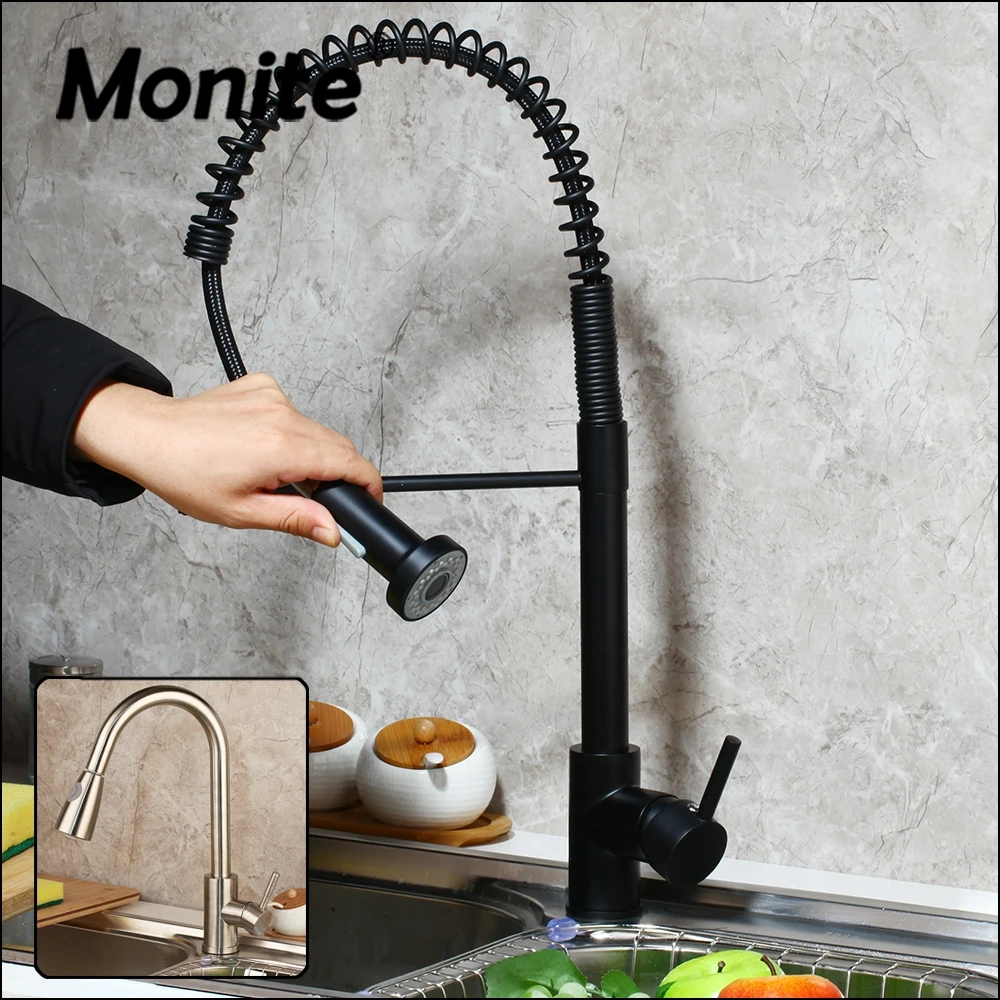 

Monite Matte Black Kitchen Faucet Pull Out & Swivel Spring Spray Nickel Brushed Wash Basin Mixer Tap Kitchen Sink Mixer Faucet